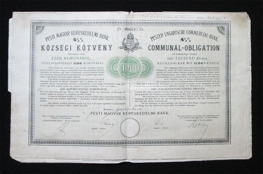 Pesti Magyar Kereskedelmi Bank kzsgi ktvny 1000 korona 1904